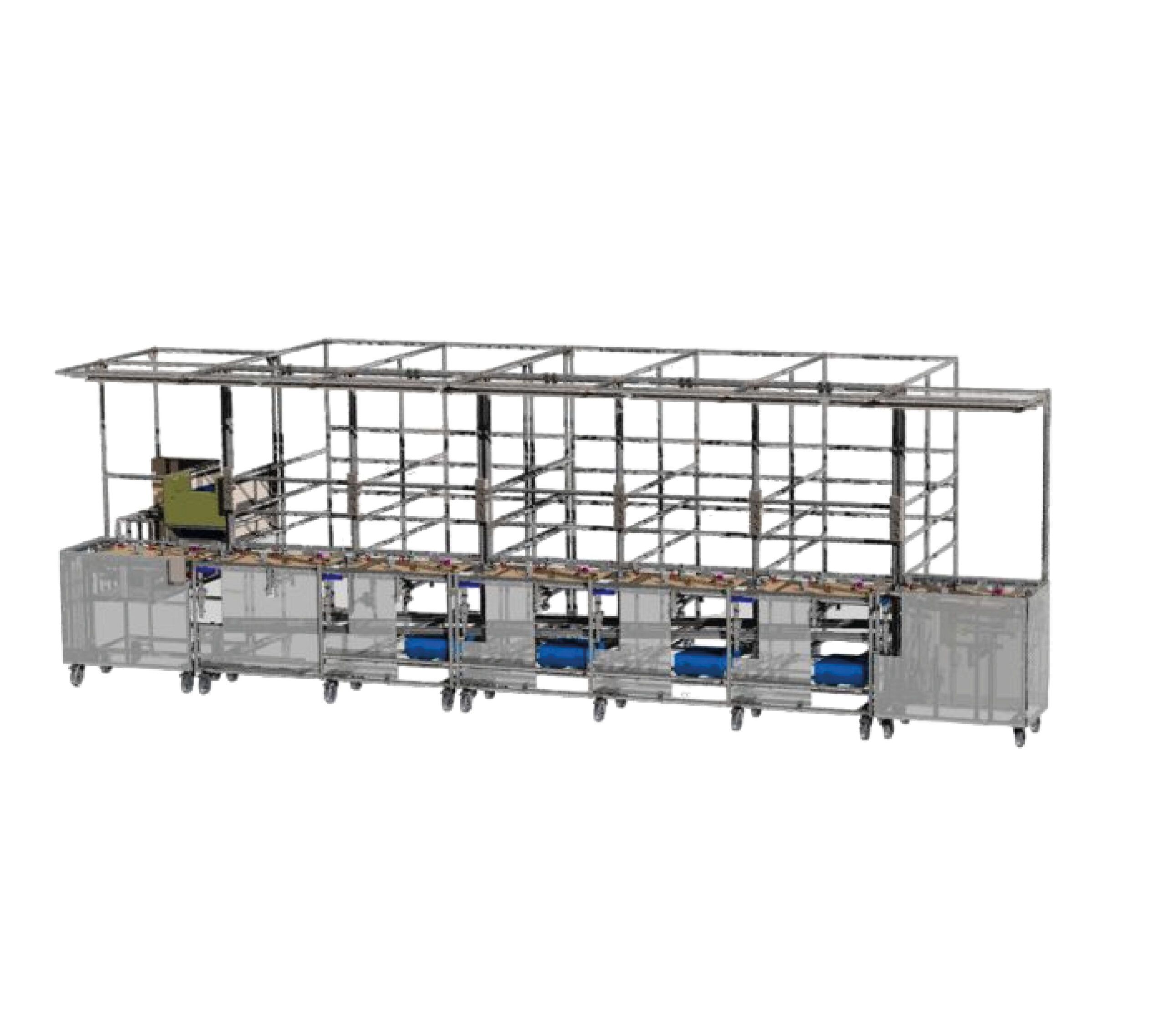 Ligne d’assemblage modulaire construite en structure tubulaire avec convoyeurs manuels