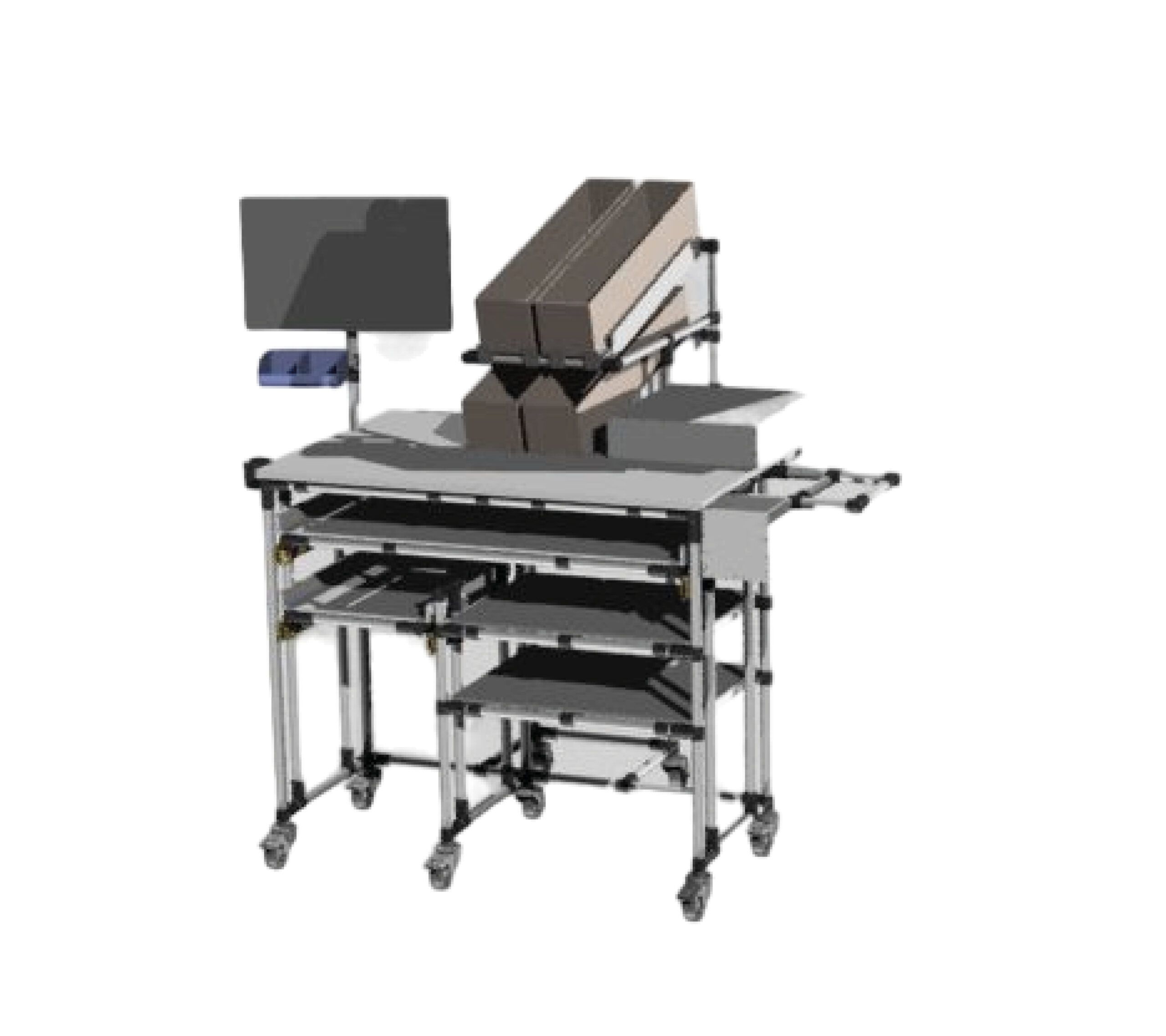 Poste de travail ergonomique en structure tubulaire avec rouleaux et support écran